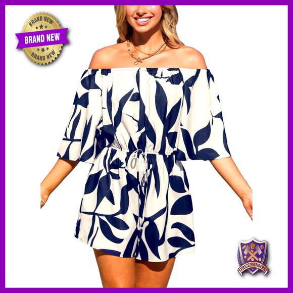 Large Floral Romper with Pockets Off Shoulder 3/4 Sleeve Wide Leg